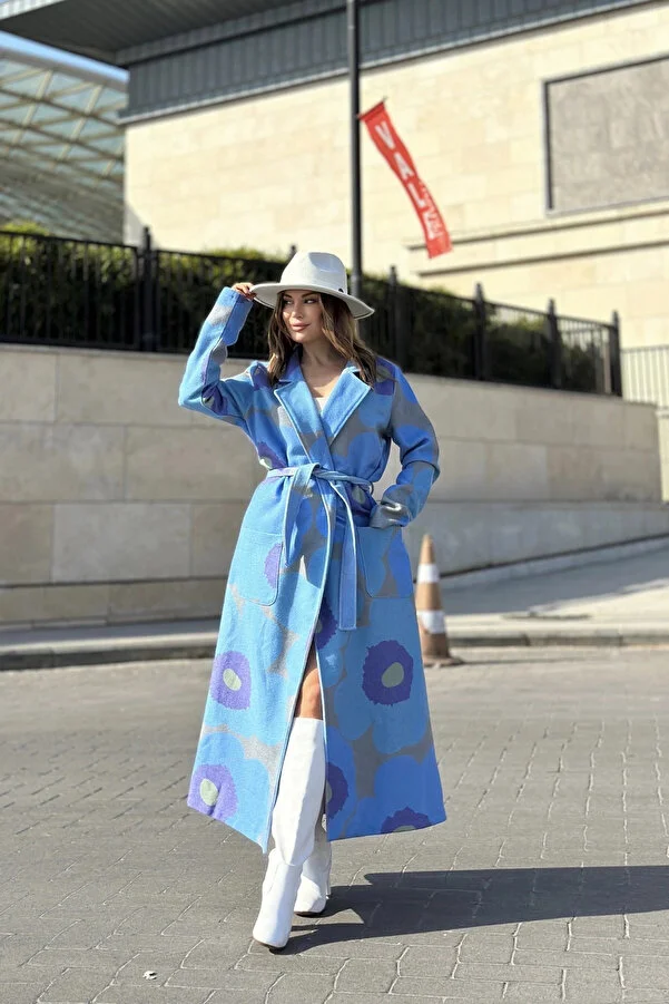 New Laviva Women's Blue Patterned Lined Coat - Jacket Collar, Belted Waist, Comfortable Fit, Digital Print, Long Wool Coat NY3491