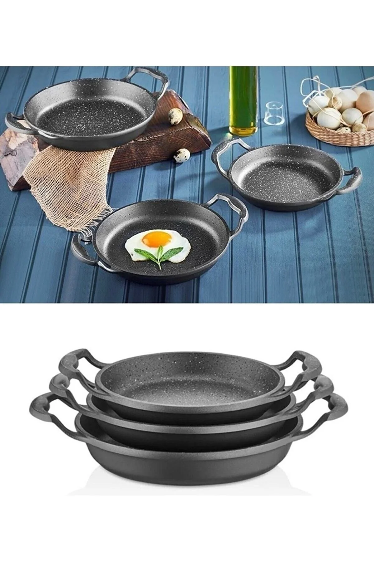 AltunHome Berta Essenso 3-Piece Cast Iron Black Granite Saute Pan Set 22cm-20cm-18cm