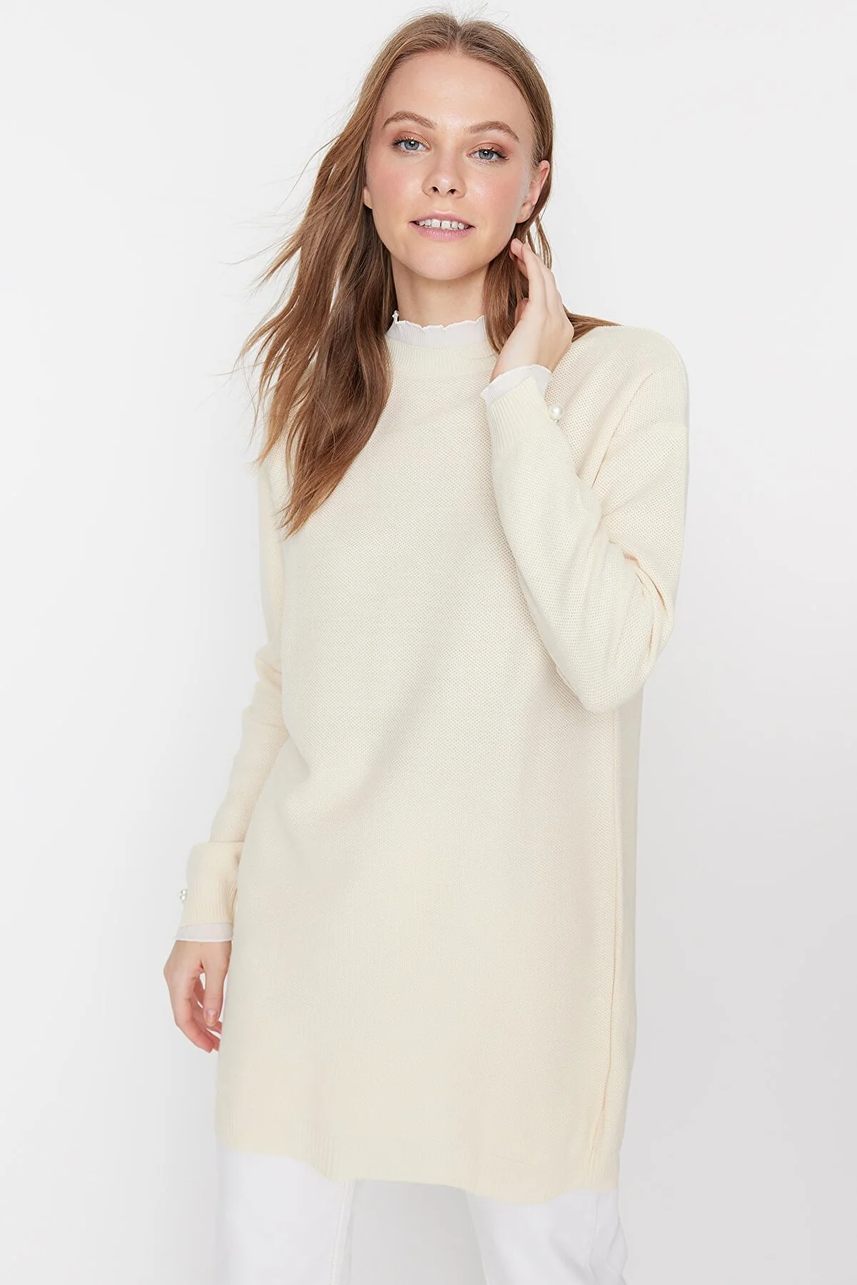 Stone-Accented Pearl Detail Knit Sweater TCTAW23AK00027