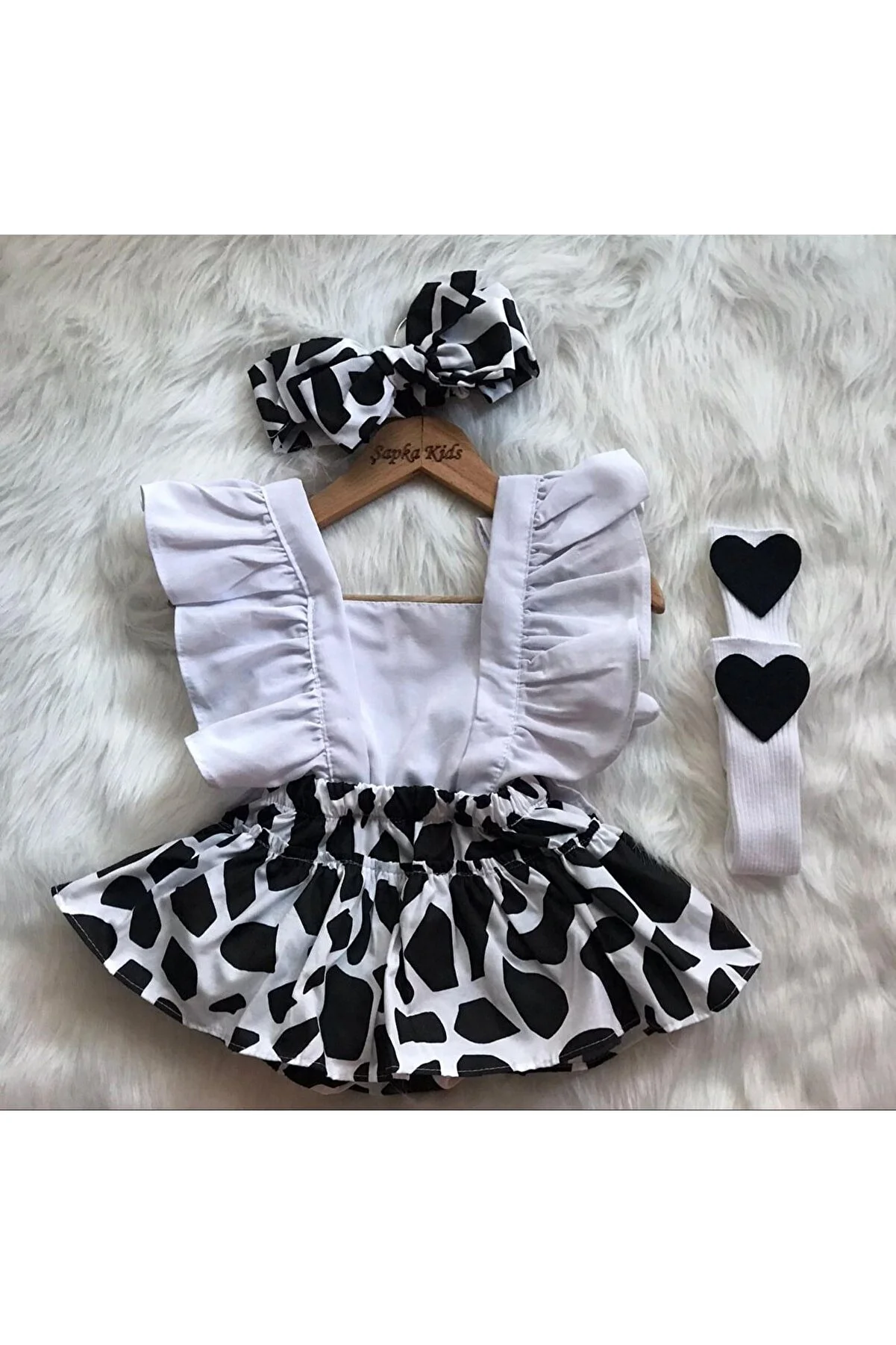 ŞAPKAKİDS Zebra Print Romper with Bandana and Socks Set for Baby Girls