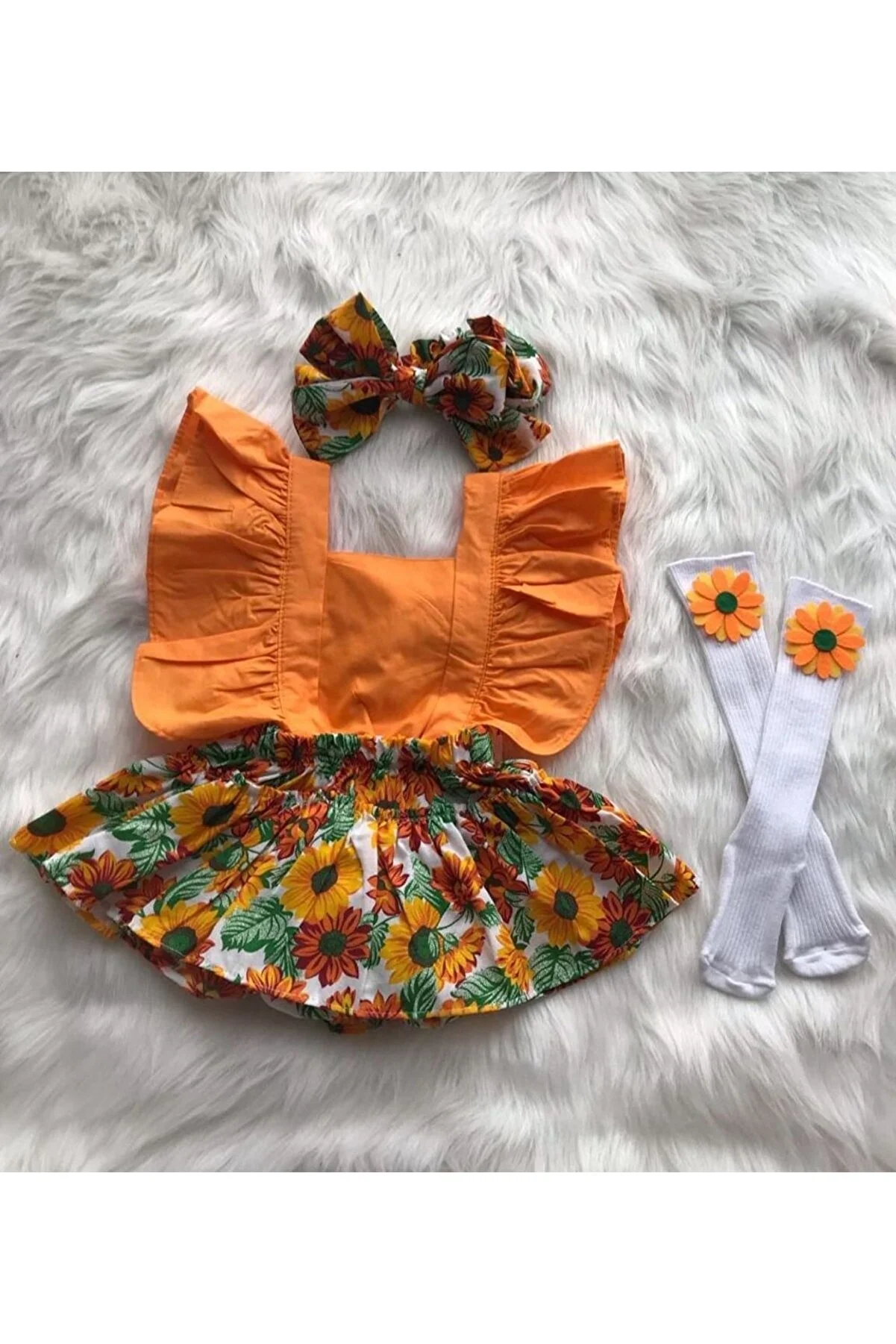 ŞAPKAKİDS Sunflower Print Orange Romper with Bandana and Socks Set for Baby Girls
